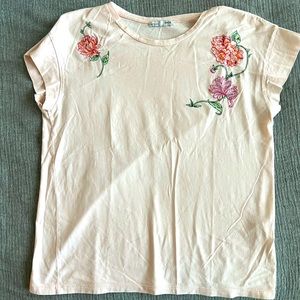 Zara W/B Womens Pink Embroidered Floral Short Sleeve Crew Neck Blouse